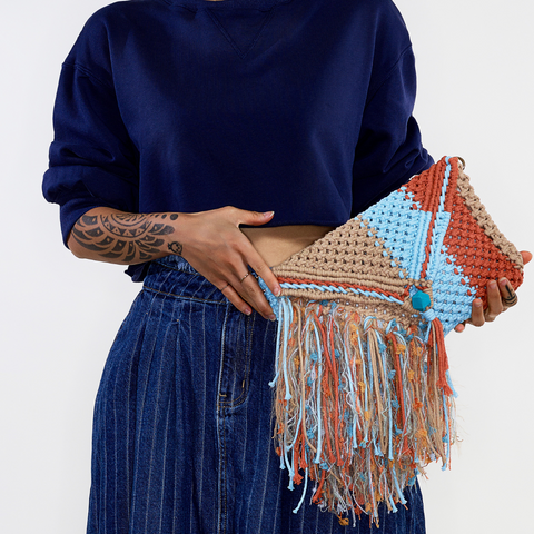 Indra, Baby Blue & Rust & Taupe Macrame Clutch & Shoulder Bag
