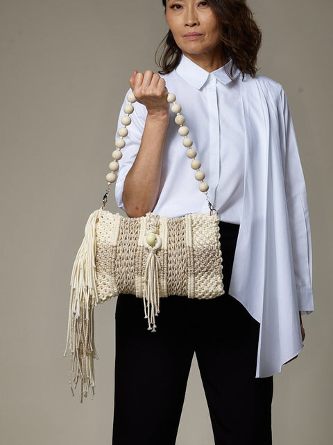 Nola- Handwoven macrame clutch & shoulder bag in cream, vanilla and gold