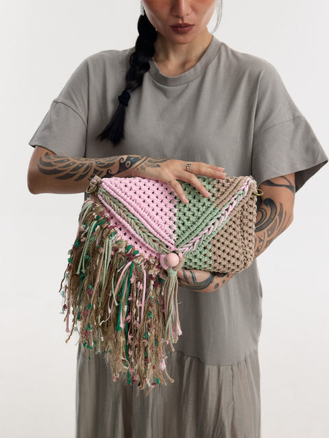 Marya Baby Pink, Green & Taupe Macrame Clutch & Shoulder Bag