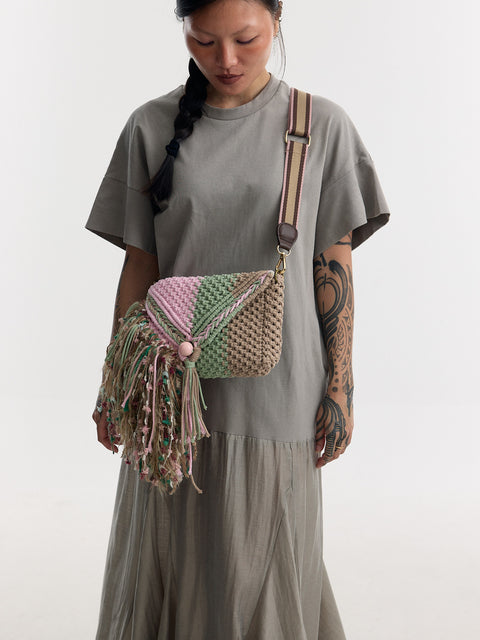 Marya Baby Pink, Green & Taupe Macrame Clutch & Shoulder Bag