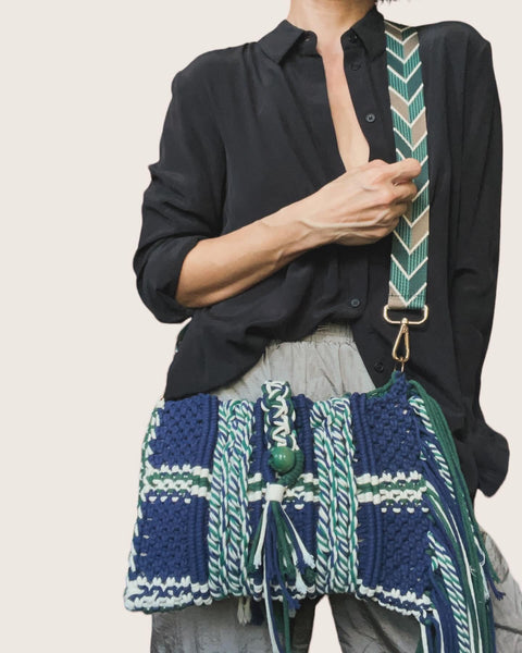 Shania Blue & Green Macrame Clutch & Shoulder Bag