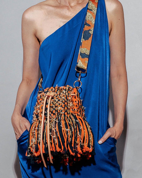 Sandra Spark Bright Orange and Navy Blue Macrame Bucket Bag