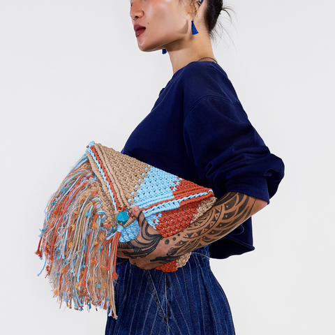Indra, Baby Blue & Rust & Taupe Macrame Clutch & Shoulder Bag