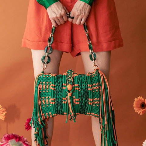 Brina DUO Green & Orange Macrame Clutch & Shoulder Bag