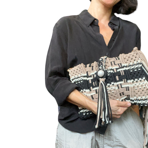 Mara Beige & Black Macrame Clutch & Shoulder Bag