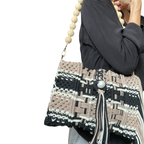 Mara Beige & Black Macrame Clutch & Shoulder Bag