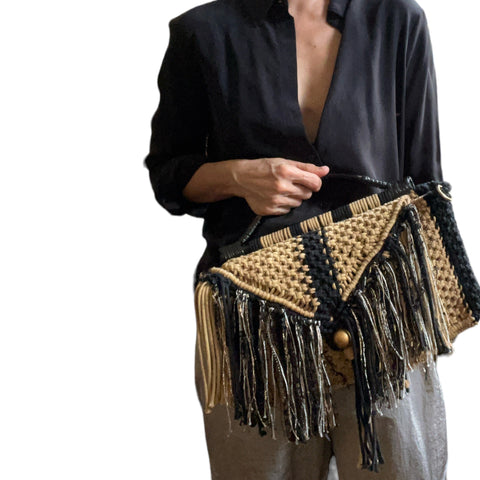 Leona Handcarry Macrame Doctor Bag with Black Rattan Handle