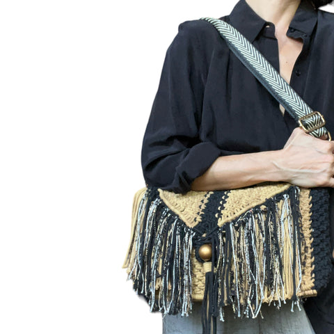 Leona Handcarry Macrame Doctor Bag with Black Rattan Handle