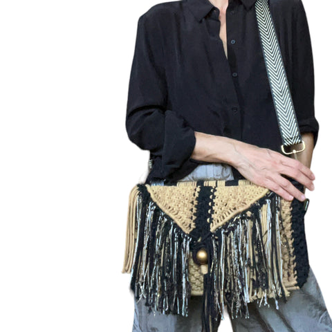 Leona Handcarry Macrame Doctor Bag with Black Rattan Handle