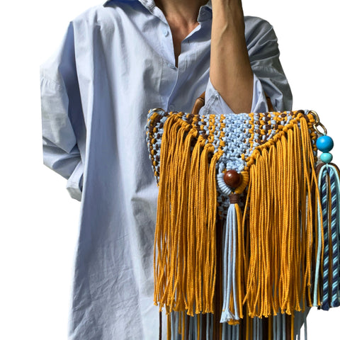 Shiloh Baby Blue and Mustard Doubly Tasseled Baguette Bag