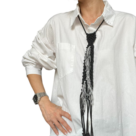 Bound Handmade Macrame Black Tie with Tassels and White Shirt
