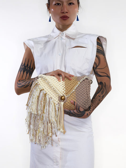 Chelsea Vanilla, Mocca & Gold Macrame Clutch & Shoulder Bag