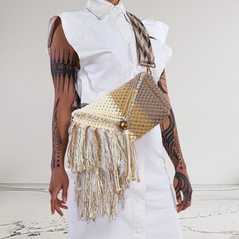 Jun Vanilla, Mocca & Gold Macrame Clutch & Shoulder Bag