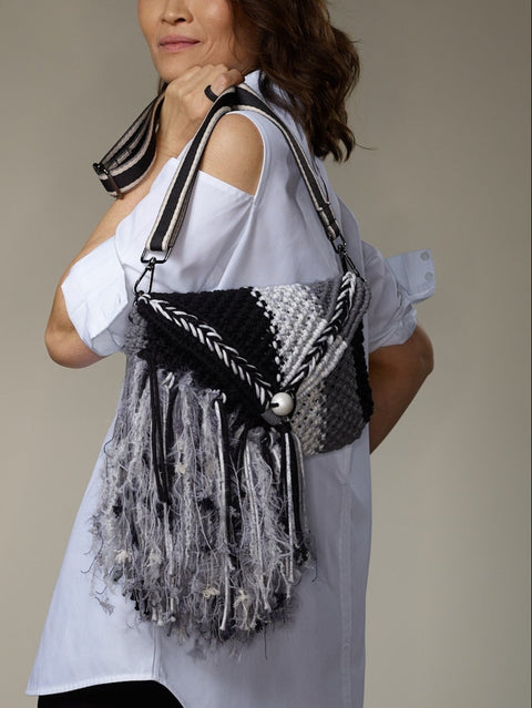 Ebony Monochrome Tassels Handcarry Macrame Bag