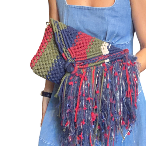 Celeste Navy, Burgundy & Moss Green Macrame Clutch & Shoulder Bag