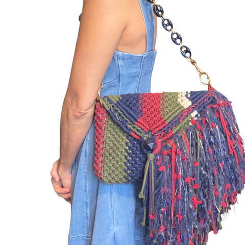 Celeste Navy, Burgundy & Moss Green Macrame Clutch & Shoulder Bag