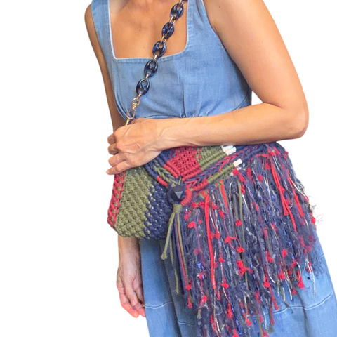 Celeste Navy, Burgundy & Moss Green Macrame Clutch & Shoulder Bag