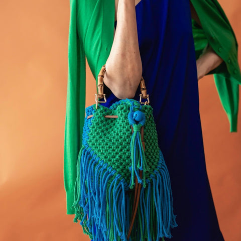 Charlie - Blue & Green Macrame Bucket Bag