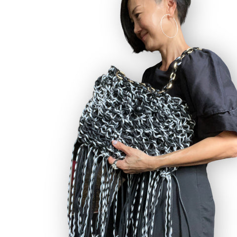 Lia- Black and White Monochrome Macrame Clutch & Shoulder Bag