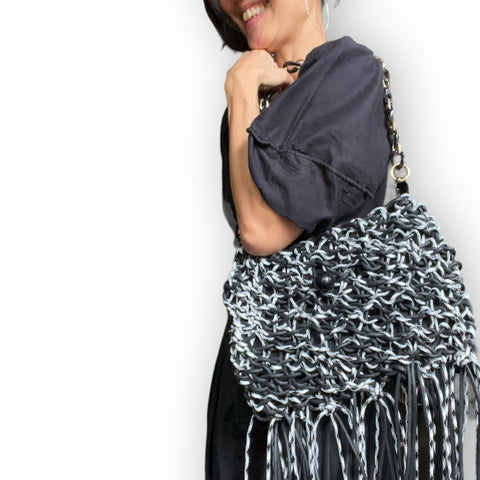 Lia- Black and White Monochrome Macrame Clutch & Shoulder Bag