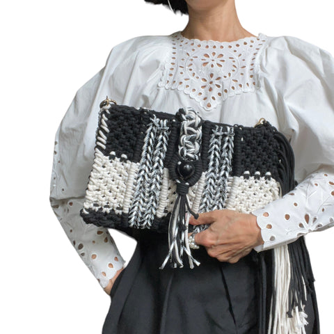 Katya Black and White Macrame Handcarry & Shoulder Bag