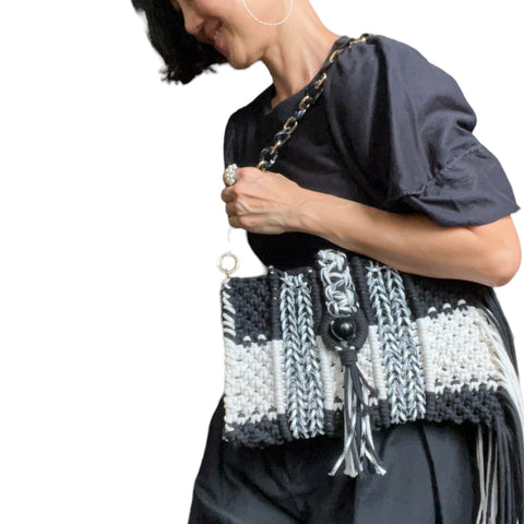 Katya Black and White Macrame Handcarry & Shoulder Bag