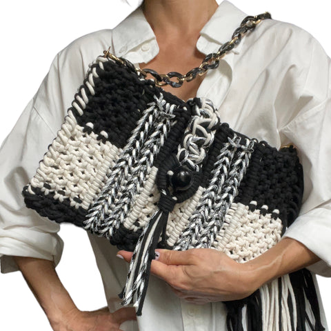 Katya Black and White Macrame Handcarry & Shoulder Bag