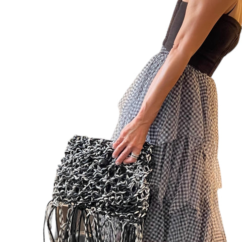 Lia- Black and White Monochrome Macrame Clutch & Shoulder Bag