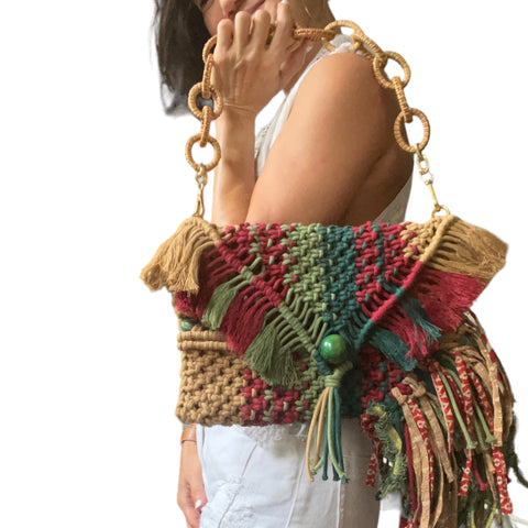 Cassie - Handwoven Khaki and Moss Macrame Clutch and Shoulder Bag