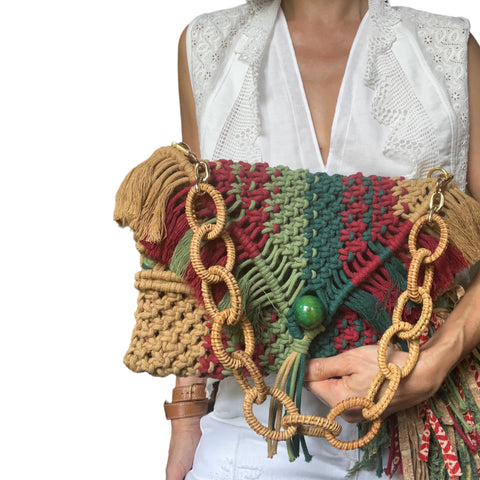 Cassie - Handwoven Khaki and Moss Macrame Clutch and Shoulder Bag