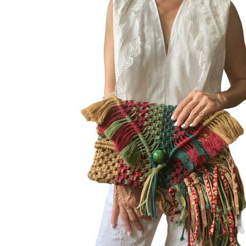 Cassie - Handwoven Khaki and Moss Macrame Clutch and Shoulder Bag