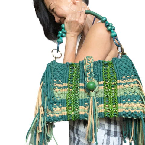 Arya Moss Green Cotton & Leather Macrame Clutch & Shoulder Bag
