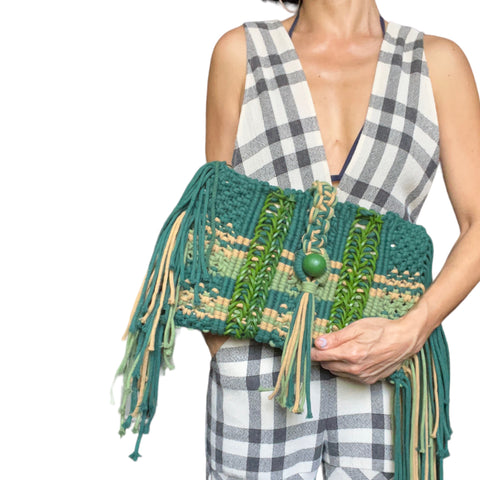 Arya Moss Green Cotton & Leather Macrame Clutch & Shoulder Bag