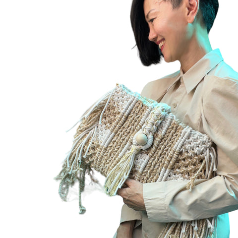 Goldie Hawn - Handwoven clutch in cream, vanilla and vintage lace.