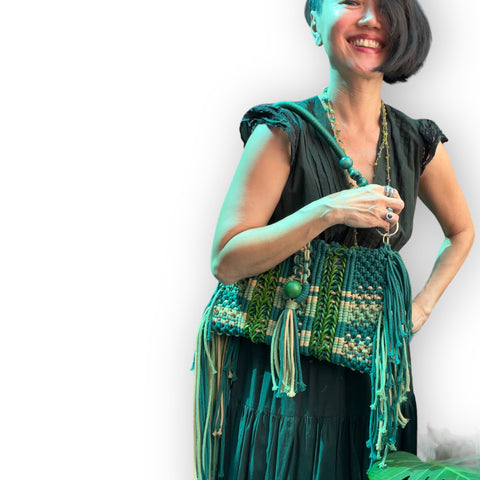Arya Moss Green Cotton & Leather Macrame Clutch & Shoulder Bag