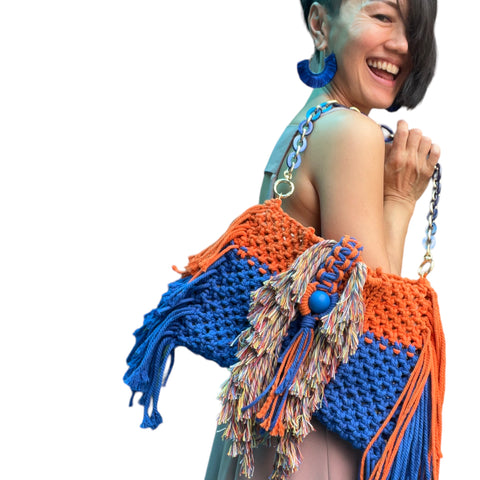 Orange and Cobalt Blue Macrame Clutch and Shoulder Bag