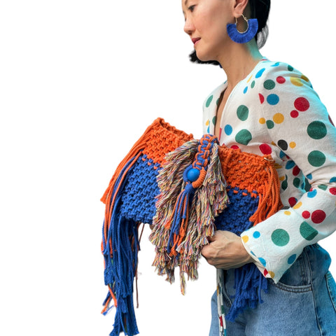 Orange and Cobalt Blue Macrame Clutch and Shoulder Bag