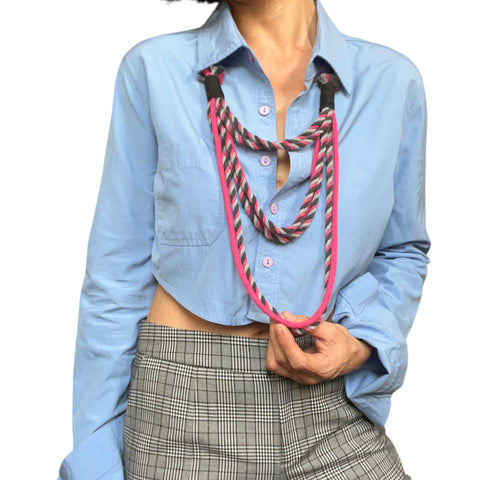 Bella - Pink and Grey Braided Three-Tier Rope Necklace