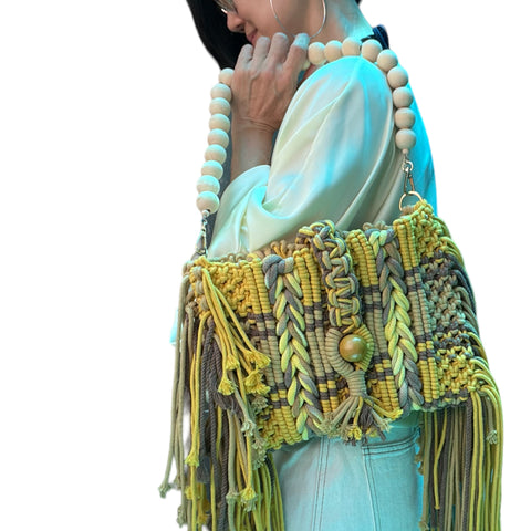 Sunny Bound Sunny Macrame Clutch and Shoulder Bag in Turmeric and Khaki