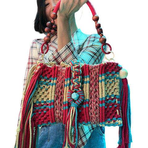 Bound Brea Macrame Clutch and Shoulder Bag in Christmas Red, Cerrulean Blue and Khaki