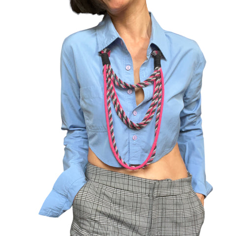 Bella - Pink and Grey Braided Three-Tier Rope Necklace