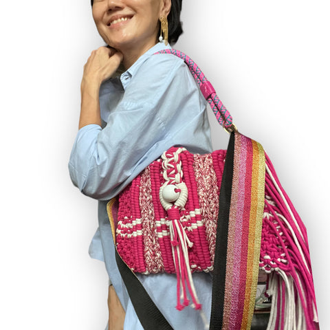 Janelle - Handwoven pink and vanilla dual tone clutch and shoulder bag.