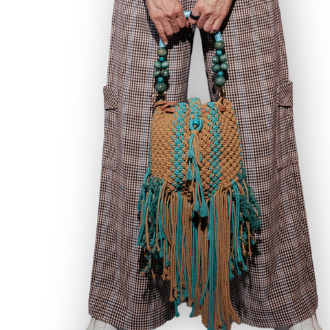Bound Macrame Bucket Bag in Turquoise Blue and Khaki