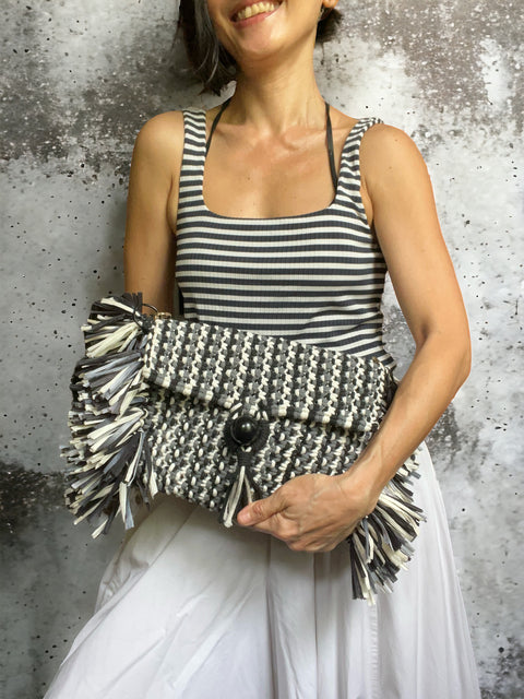 Loki Black and White Cotton & Raffia Handcarry & Shoulder Bag