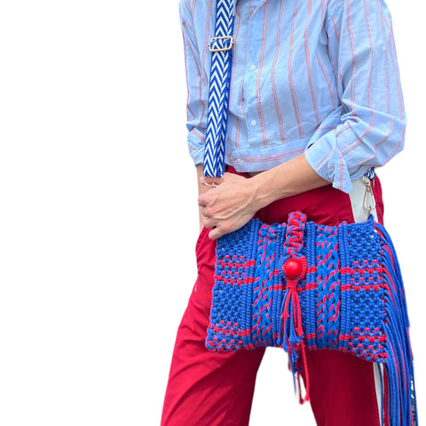 Hailey Red & Blue Macrame Clutch & Shoulder Bag