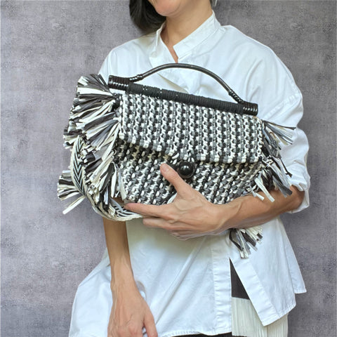 Loki Black and White Cotton & Raffia Handcarry & Shoulder Bag