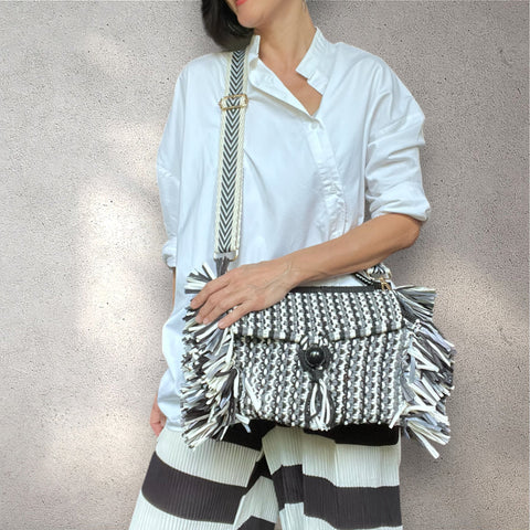 Loki Black and White Cotton & Raffia Handcarry & Shoulder Bag