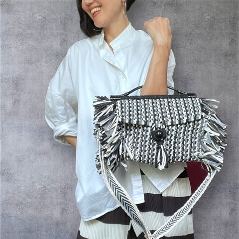 Loki Black and White Cotton & Raffia Handcarry & Shoulder Bag