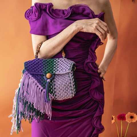 Maxine Purple, Pine Green & Lilac Bamboo Top Handle Macrame Handcarry & Crossbody Bag
