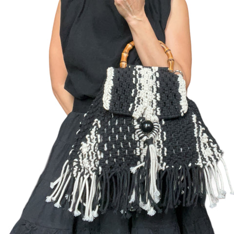 Twyla Black and White Macrame Handccary Shoulder & Crossbody Trapezium Bag